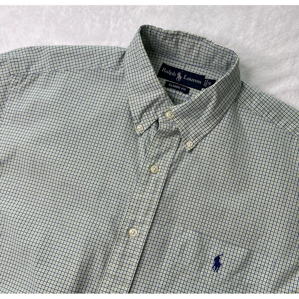 Ralph Lauren MEDIUM Shirt Men GREEN/BLUE Plaid Cotton Classic Button‎ Down EUC